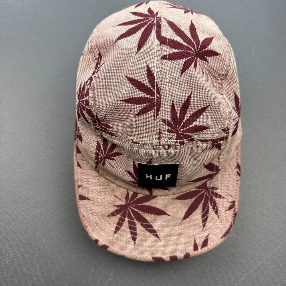 HUF 5 Panel Strapback Hat USA Leaf Print Maroon Pink Skate Streetwear Cap Y2K